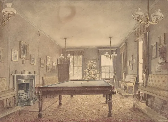 Framed Print : Interior of the billiard room at Lupton House, Devonshire, designed by George... 1838 Framed Print : Interior of the billiard room at Lupton House, Devonshire, designed by George... 1838