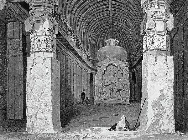 Interior of the Bisma Kurm, Caves of Ellora, 1834. Creator: George Cattermole
