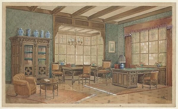 Interior with bookcase in Renaissance style, c.1925. Creator: Monogrammist HK
