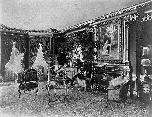 Interior with Bouguereau's 'Flight of Love' over fireplace... Greenwich, Connecticut, 1908. Creator: Frances Benjamin Johnston. Interior with Bouguereau's 'Flight of Love' over fireplace... Greenwich, Connecticut, 1908