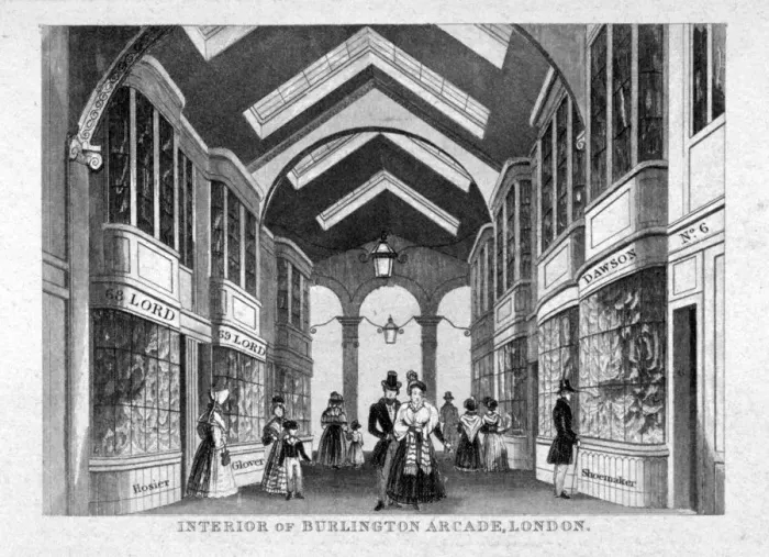 Framed Print : Interior of Burlington Arcade, Westminster, London, c1825 Framed Print : Interior of Burlington Arcade, Westminster, London, c1825