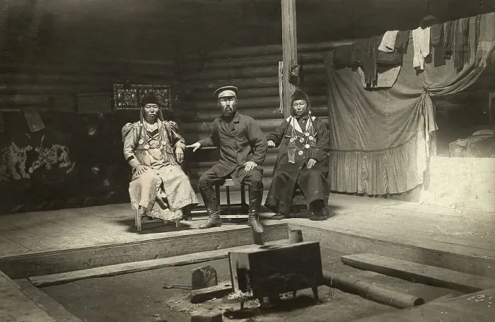 Framed Print : The interior of a Buryat yurt. In the center is a householder with two wives, 1905. Creator: L Veniukov