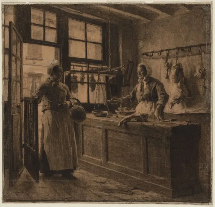 Framed Print : Interior of a Butcher Shop, c. 1881. Creator: Leon Augustin Lhermitte (French, 1844-1925) Framed Print : Interior of a Butcher Shop, c. 1881. Creator: Leon Augustin Lhermitte (French, 1844-1925)