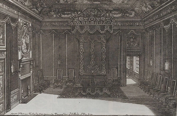 Interior with a Canopy Bed and a Row of Chairs Lining the Walls, from No