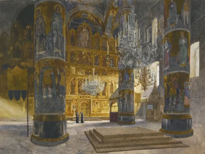 Framed Print : Interior of the Cathedral of the Dormition in the Moscow Kremlin, 1898. Artist: Kopallik, Franz (1860-1931) Framed Print : Interior of the Cathedral of the Dormition in the Moscow Kremlin, 1898. Artist: Kopallik, Franz (1860-1931)