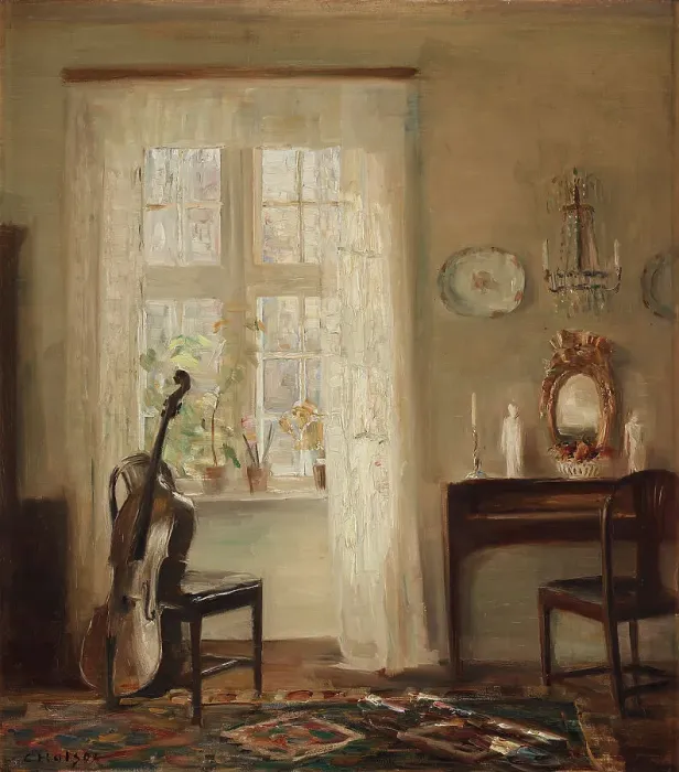 Framed Print : Interior with a Cello. Creator: Holsøe, Carl (1863-1935) Framed Print : Interior with a Cello. Creator: Holsøe, Carl (1863-1935)
