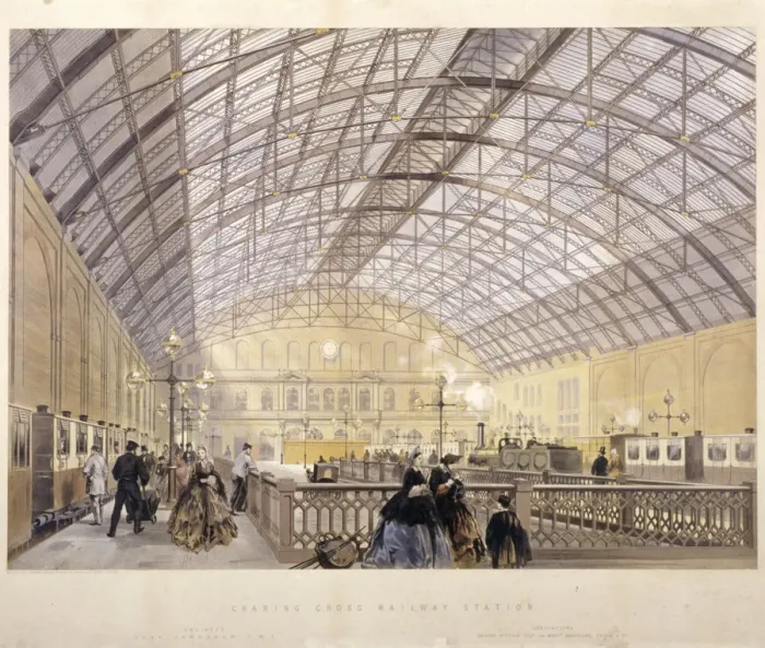 Framed Print : Interior of Charing Cross Station showing trains and the iron roof, London, c1890 Framed Print : Interior of Charing Cross Station showing trains and the iron roof, London, c1890