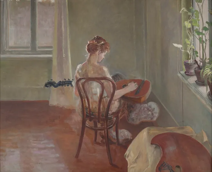 Framed Print : Interior with the Chimera Playing the Lute, 1908. Creator: Jacek Malczewski Framed Print : Interior with the Chimera Playing the Lute, 1908. Creator: Jacek Malczewski