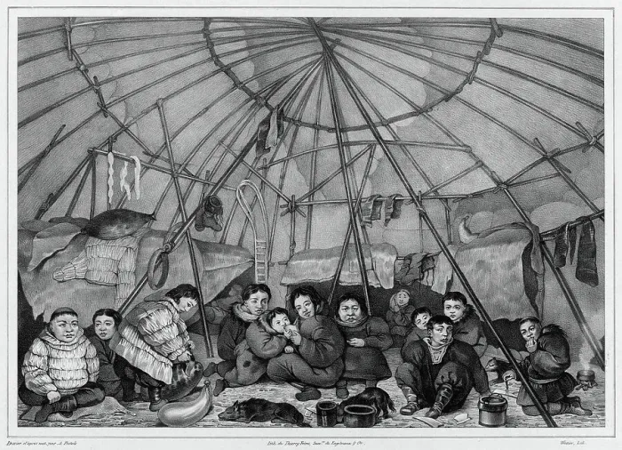 Framed Print : Interior of a Chukchi Hut, Northeast Coast of Asia, 19th century. Creators: Alexander Postels, Godefroy Engelmann