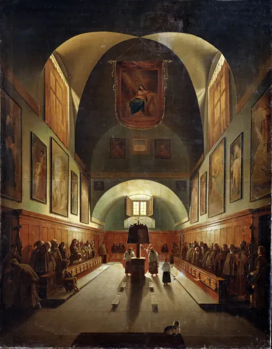 Framed Print : Interior of the Church of Capuchines in Rome, late 18th or 19th century. Artist: Francois-Marius Granet