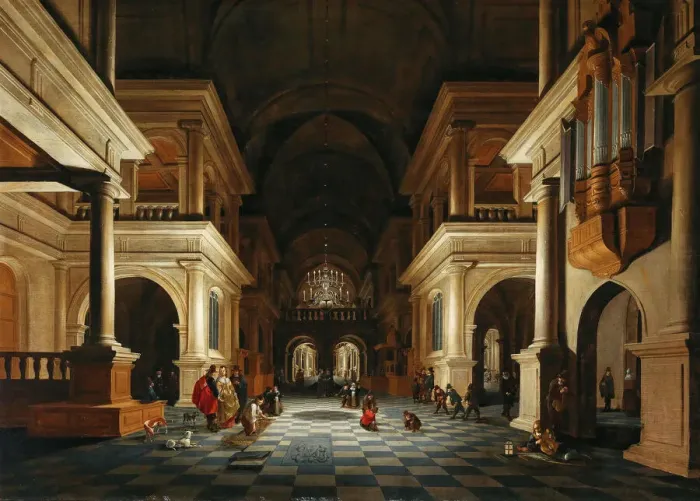 Framed Print : The interior of a church with elegant figures, 1632. Creator: De Lorme Framed Print : The interior of a church with elegant figures, 1632. Creator: De Lorme