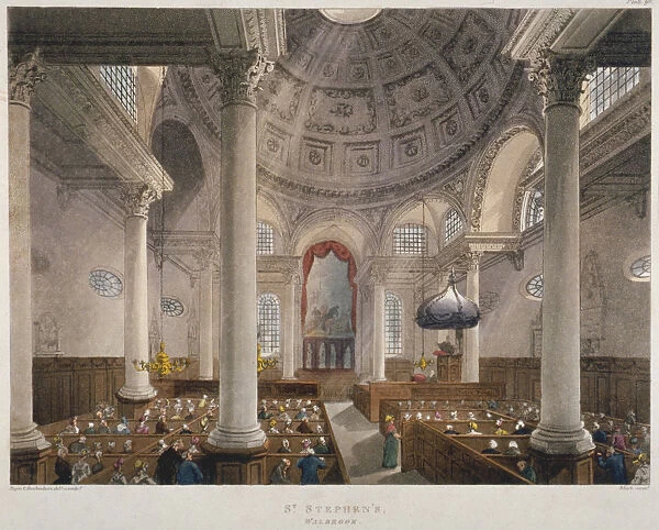 Interior of the Church of St Stephen Walbrook during a service, City of London, 1809