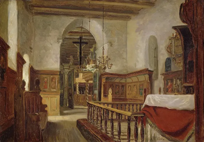 Framed Print : Interior from the Church at Voss, probably 1855. Creator: Adolph Tidemand Framed Print : Interior from the Church at Voss, probably 1855. Creator: Adolph Tidemand