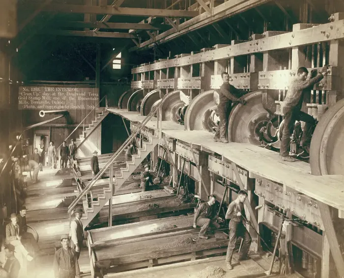 Framed Print : The Interior Clean Up day at the Deadwood Terra Gold Stamp Mill, one of the Homestake... 1888. Creator: John C. H. Grabill. The Interior Clean Up day at the Deadwood Terra Gold Stamp Mill, one of the Homestake... 1888 Framed Print : The Interior Clean Up day at the Deadwood Terra Gold Stamp Mill, one of the Homestake... 1888. Creator: John C. H. Grabill. The Interior Clean Up day at the Deadwood Terra Gold Stamp Mill, one of the Homestake... 1888
