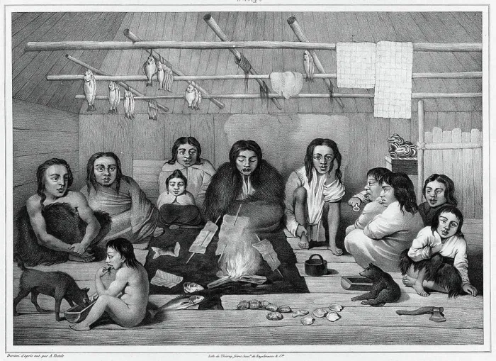 Framed Print : Interior of a clochan hut (Sitka island, north coast of America), 19th century. Creators: Alexander Postels, Godefroy Engelmann Framed Print : Interior of a clochan hut (Sitka island, north coast of America), 19th century. Creators: Alexander Postels, Godefroy Engelmann
