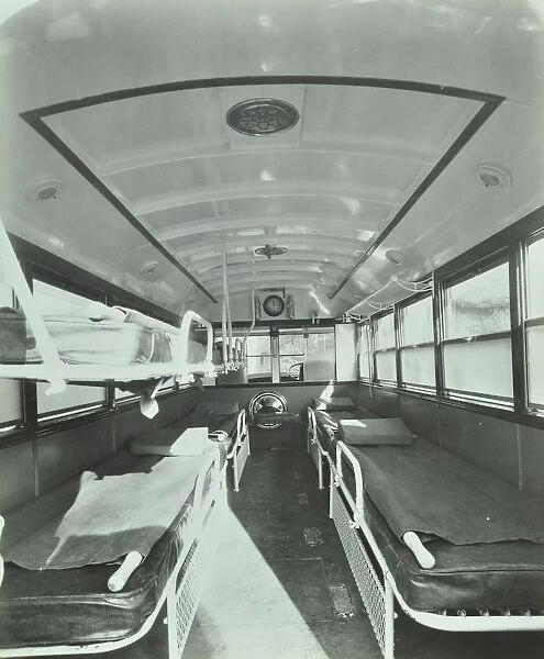 Interior of coach type ambulance, Western Ambulance Station, Fulham, 1935