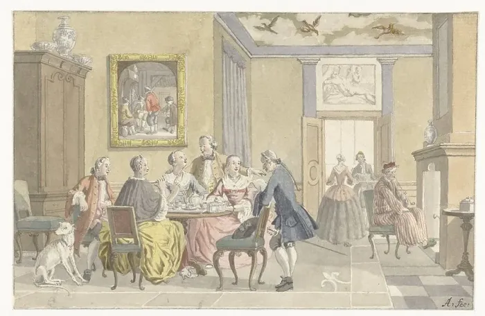 Framed Print : Interior with company drinking tea, 1723-1760. Creator: Nicolaas Aartman Framed Print : Interior with company drinking tea, 1723-1760. Creator: Nicolaas Aartman