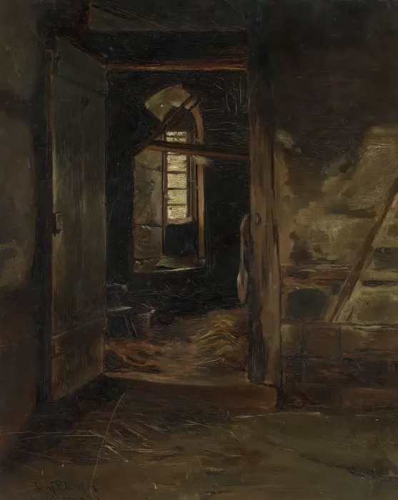 Framed Print : Interior from a Cowshed, 1872. Creator: Eilif Peterssen Framed Print : Interior from a Cowshed, 1872. Creator: Eilif Peterssen