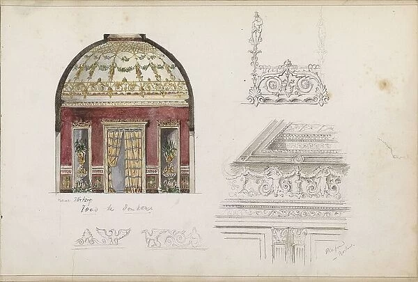 Interior with cupola, a coffered ceiling in Berlin and decorations for a cornice, 1862-1867. Creator: Isaac Gosschalk