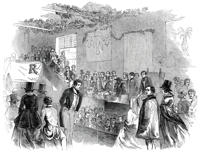 Framed Print : Interior of the Cymreigyddion Hall, Abergavenny, 1845. Creator: Unknown Framed Print : Interior of the Cymreigyddion Hall, Abergavenny, 1845. Creator: Unknown