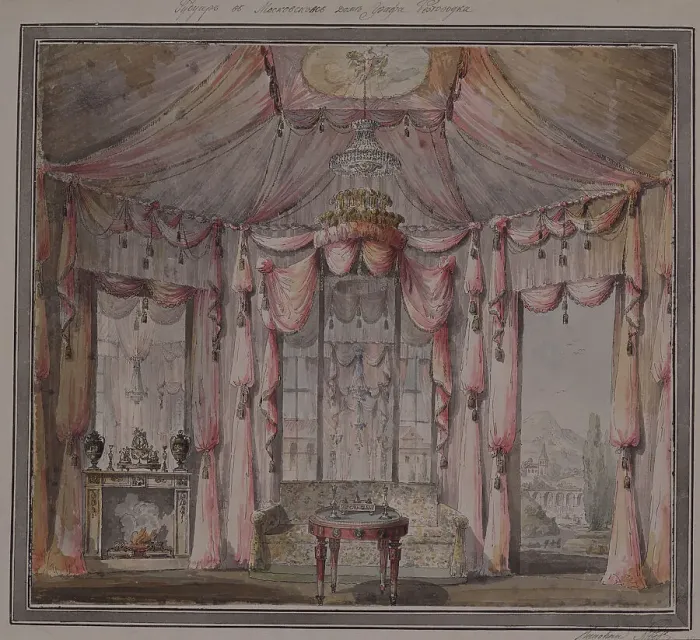 Framed Print : Interior design for the boudoir in the Count Bezborodko House in Moscow, 1790s. Artist: Lvov, Nikolai Alexandrovich (1751-1803) Framed Print : Interior design for the boudoir in the Count Bezborodko House in Moscow, 1790s. Artist: Lvov, Nikolai Alexandrovich (1751-1803)
