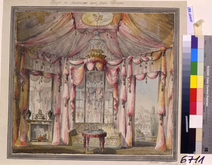 Framed Print : Interior design for the boudoir in the Count Bezborodko House in Moscow, 1790s. Artist: Lvov, Nikolai Alexandrovich (1751-1803) Framed Print : Interior design for the boudoir in the Count Bezborodko House in Moscow, 1790s. Artist: Lvov, Nikolai Alexandrovich (1751-1803)