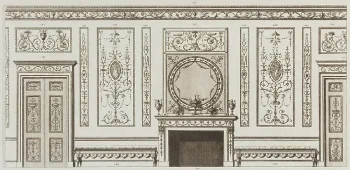 Framed Print : Interior design of wall with door, fireplace, panels and benches (in Designs for Various... 1784. Creators: Michelangelo Pergolesi, Francesco Bartolozzi. Interior design of wall with door, fireplace) Framed Print : Interior design of wall with door, fireplace, panels and benches (in Designs for Various... 1784. Creators: Michelangelo Pergolesi, Francesco Bartolozzi. Interior design of wall with door, fireplace)
