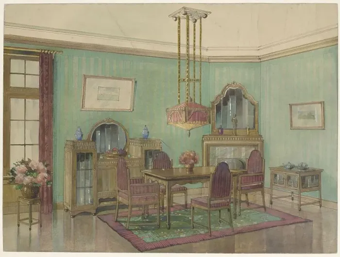 Framed Print : Interior of dining room with corner chimney, c.1925. Creator: Anon Framed Print : Interior of dining room with corner chimney, c.1925. Creator: Anon