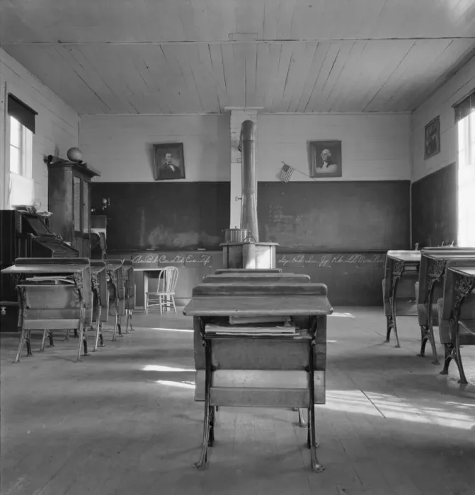 Framed Print : Interior of eastern Oregon one-room county school, Baker County, Oregon, 1939. Creator: Dorothea Lange Framed Print : Interior of eastern Oregon one-room county school, Baker County, Oregon, 1939. Creator: Dorothea Lange