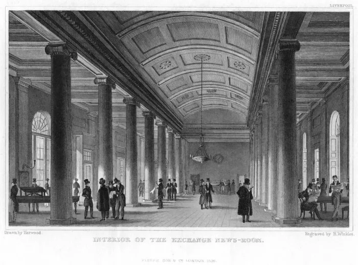 Framed Print : Interior of the Exchange News-Room, Liverpool, 1836. Artist: Harwood Framed Print : Interior of the Exchange News-Room, Liverpool, 1836. Artist: Harwood