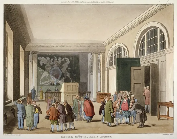 Framed Print : Interior of the Excise Office, Old Broad Street, City of London, 1810 Framed Print : Interior of the Excise Office, Old Broad Street, City of London, 1810