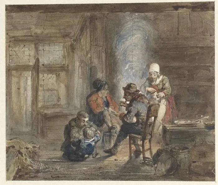 Framed Print : Interior with a family around a fireplace, 1849-1892. Creator: Matthijs Maris Framed Print : Interior with a family around a fireplace, 1849-1892. Creator: Matthijs Maris