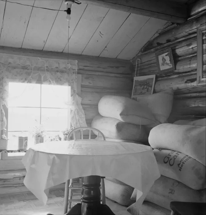 Framed Print : Interior of farmers two-room log home, FSA borrower, Boundary County, Idaho, 1939. Creator: Dorothea Lange Framed Print : Interior of farmers two-room log home, FSA borrower, Boundary County, Idaho, 1939. Creator: Dorothea Lange