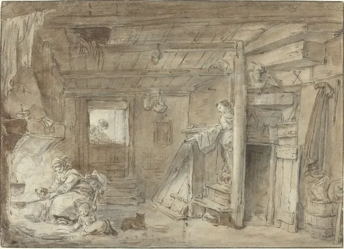 Framed Print : Interior of a Farmhouse with Figures, late 18th century. Creator: Hubert Robert Framed Print : Interior of a Farmhouse with Figures, late 18th century. Creator: Hubert Robert