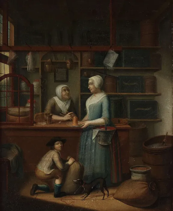 Framed Print : Interior with three figures and a dog. Creator: Cattel, Pieter (1712-1759) Framed Print : Interior with three figures and a dog. Creator: Cattel, Pieter (1712-1759)