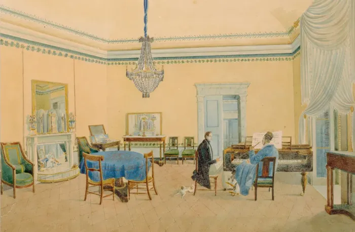 Framed Print : Interior with figures. The Music Room, 1830-1839. Artist: Anonymous Framed Print : Interior with figures. The Music Room, 1830-1839. Artist: Anonymous