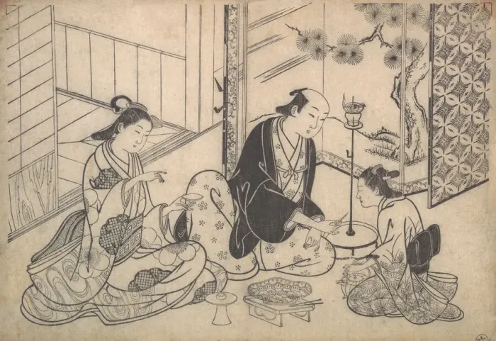 Framed Print : Interior, Three Figures: Sake Party, ca. 1730. Creator: Hasegawa Mitsunobu Framed Print : Interior, Three Figures: Sake Party, ca. 1730. Creator: Hasegawa Mitsunobu