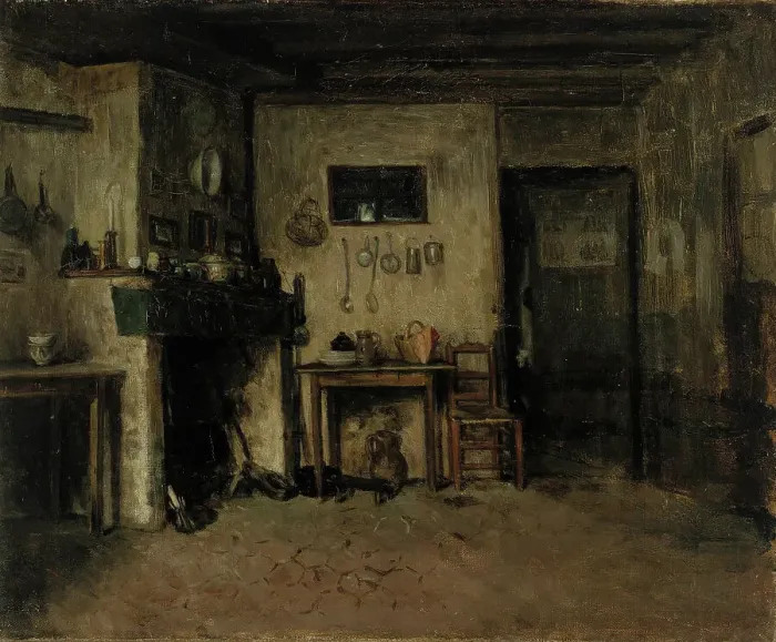 Framed Print : Interior of a French farmhouse, 1868. Creator: Adolf von Becker Framed Print : Interior of a French farmhouse, 1868. Creator: Adolf von Becker