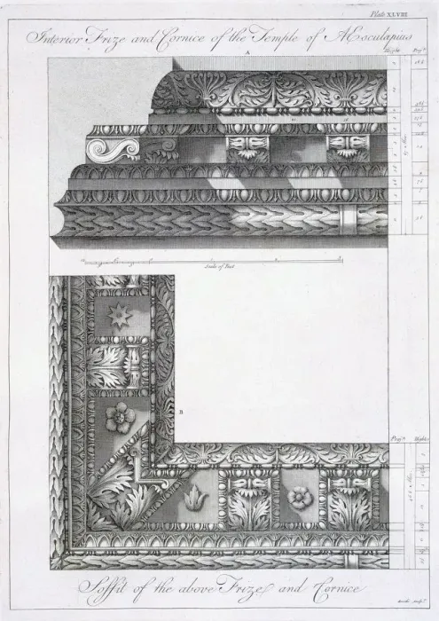 Framed Print : Interior frieze and cornice of the Temple of Aesculapius, pub. 1764. Creator: Robert Adam Framed Print : Interior frieze and cornice of the Temple of Aesculapius, pub. 1764. Creator: Robert Adam