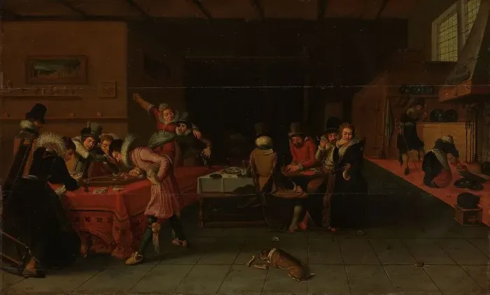 Framed Print : Interior with Gamblers and Drinkers, c.1620-c.1625. Creator: Anon Framed Print : Interior with Gamblers and Drinkers, c.1620-c.1625. Creator: Anon