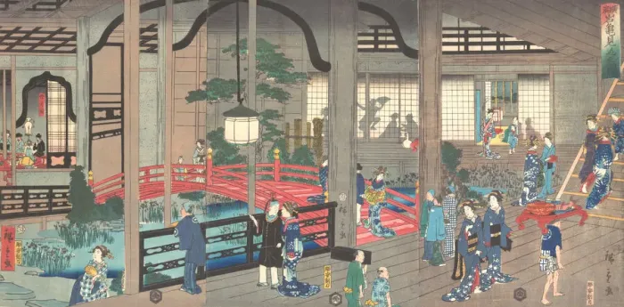 Framed Print : The Interior of the Gankiro Tea House in Yokohama, 1861 (April). Creator: Suzuki Hiroshige Framed Print : The Interior of the Gankiro Tea House in Yokohama, 1861 (April). Creator: Suzuki Hiroshige