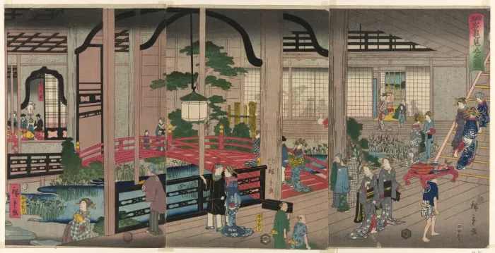 Framed Print : The Interior of the Gankiro in Yokohama (Yokohama Gankiro mikomi no zu), 1860. Creator: Utagawa Hiroshige II Framed Print : The Interior of the Gankiro in Yokohama (Yokohama Gankiro mikomi no zu), 1860. Creator: Utagawa Hiroshige II