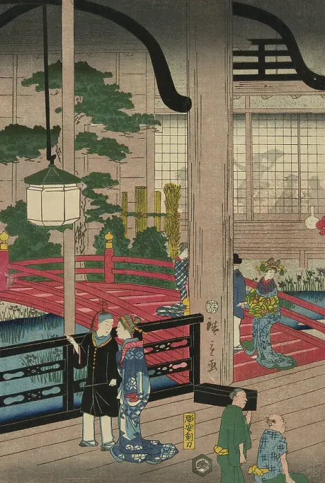 Framed Print : The Interior of the Gankiro in Yokohama (Yokohama Gankiro mikomi no zu), 1860. Creator: Utagawa Hiroshige II Framed Print : The Interior of the Gankiro in Yokohama (Yokohama Gankiro mikomi no zu), 1860. Creator: Utagawa Hiroshige II