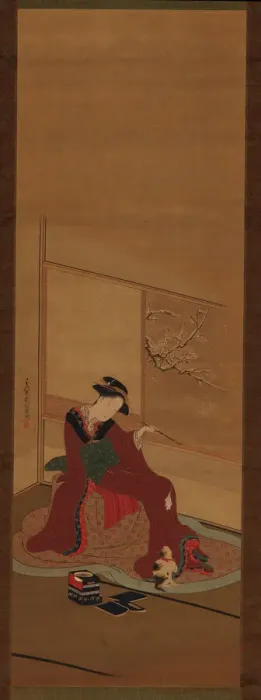 Framed Print : Interior: a girl and a kitten, Edo period, late 18th century. Creator: Katsukawa Shuncho Framed Print : Interior: a girl and a kitten, Edo period, late 18th century. Creator: Katsukawa Shuncho