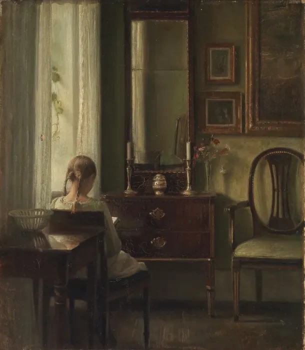 Framed Print : Interior with a Girl Reading, 1903. Creator: Carl Holsoe Framed Print : Interior with a Girl Reading, 1903. Creator: Carl Holsoe