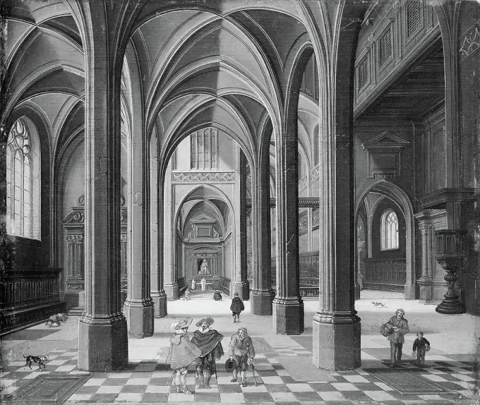 Framed Print : Interior of a Gothic Church, 1625. Creators: Bartholomeus van Bassen, Esaias van de Velde Framed Print : Interior of a Gothic Church, 1625. Creators: Bartholomeus van Bassen, Esaias van de Velde