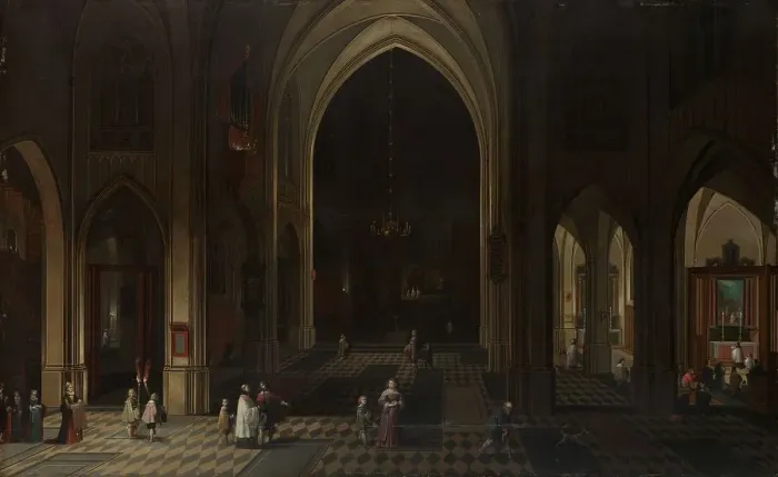 Framed Print : Interior of a Gothic Church at Night Looking East, 1636. Creator: Peeter Neeffs the Elder Framed Print : Interior of a Gothic Church at Night Looking East, 1636. Creator: Peeter Neeffs the Elder