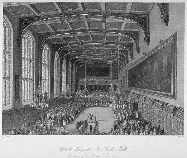Interior of the hall; delivery of the annual orations, Christs Hospital, City of London, 1850
