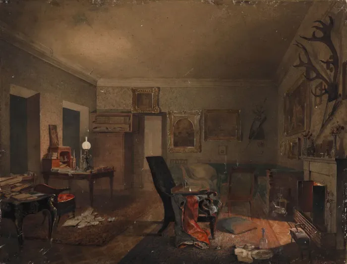 Framed Print : Interior with hunting trophies, 1853 Framed Print : Interior with hunting trophies, 1853