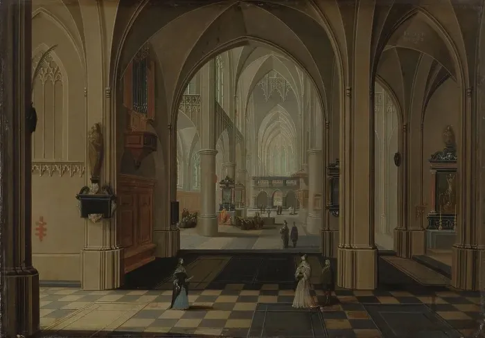 Framed Print : Interior of an Imaginary Gothic Church, Looking East, c.1655-c.1660. Creator: Peeter Neeffs the Elder Framed Print : Interior of an Imaginary Gothic Church, Looking East, c.1655-c.1660. Creator: Peeter Neeffs the Elder